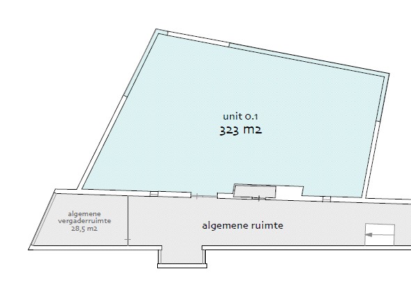 Plattegrond van unit 0.1 aan de Fred. Roeskestraat met een oppervlakte van 323 m², inclusief algemene ruimte en vergaderruimte van 28,5 m².
